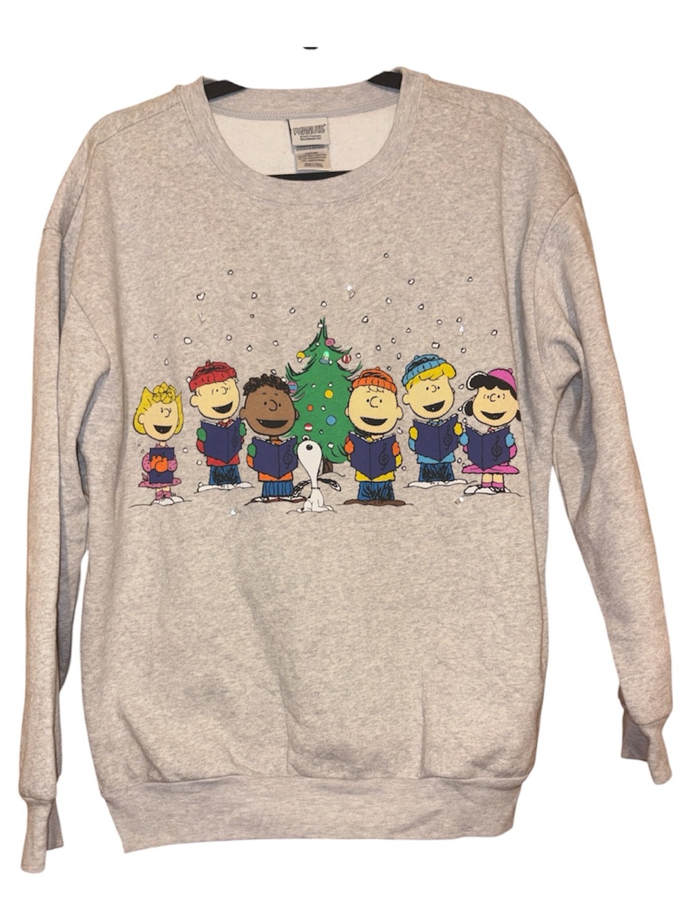 Peanuts Christmas Choir Grey Heather Holiday Lights Sweatshirt L
